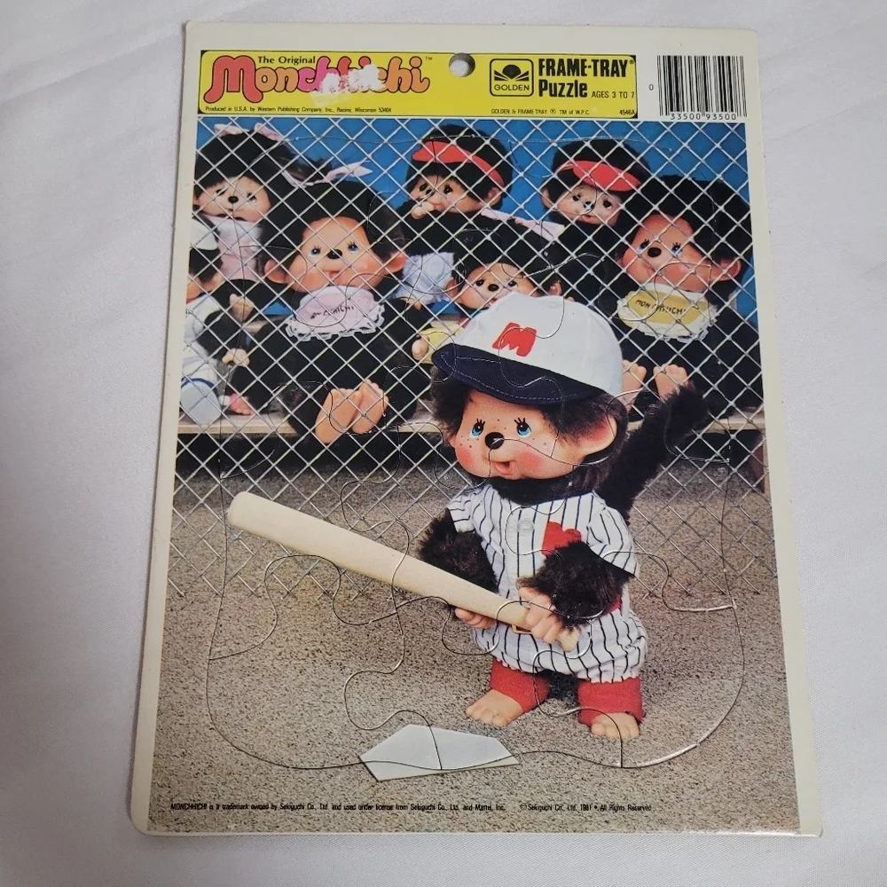 Vintage 80's Monchhichi Golden Frame Tray Puzzle Lot Of 2